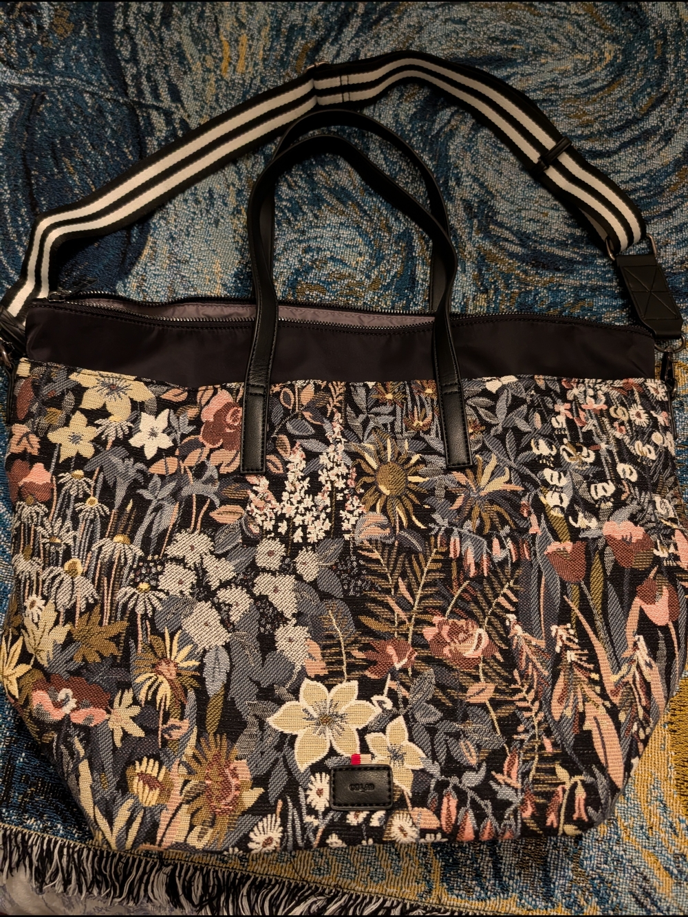 Co-lab Floral Tapestry Tote Bag with Striped Shoulder Strap - Pink & Black